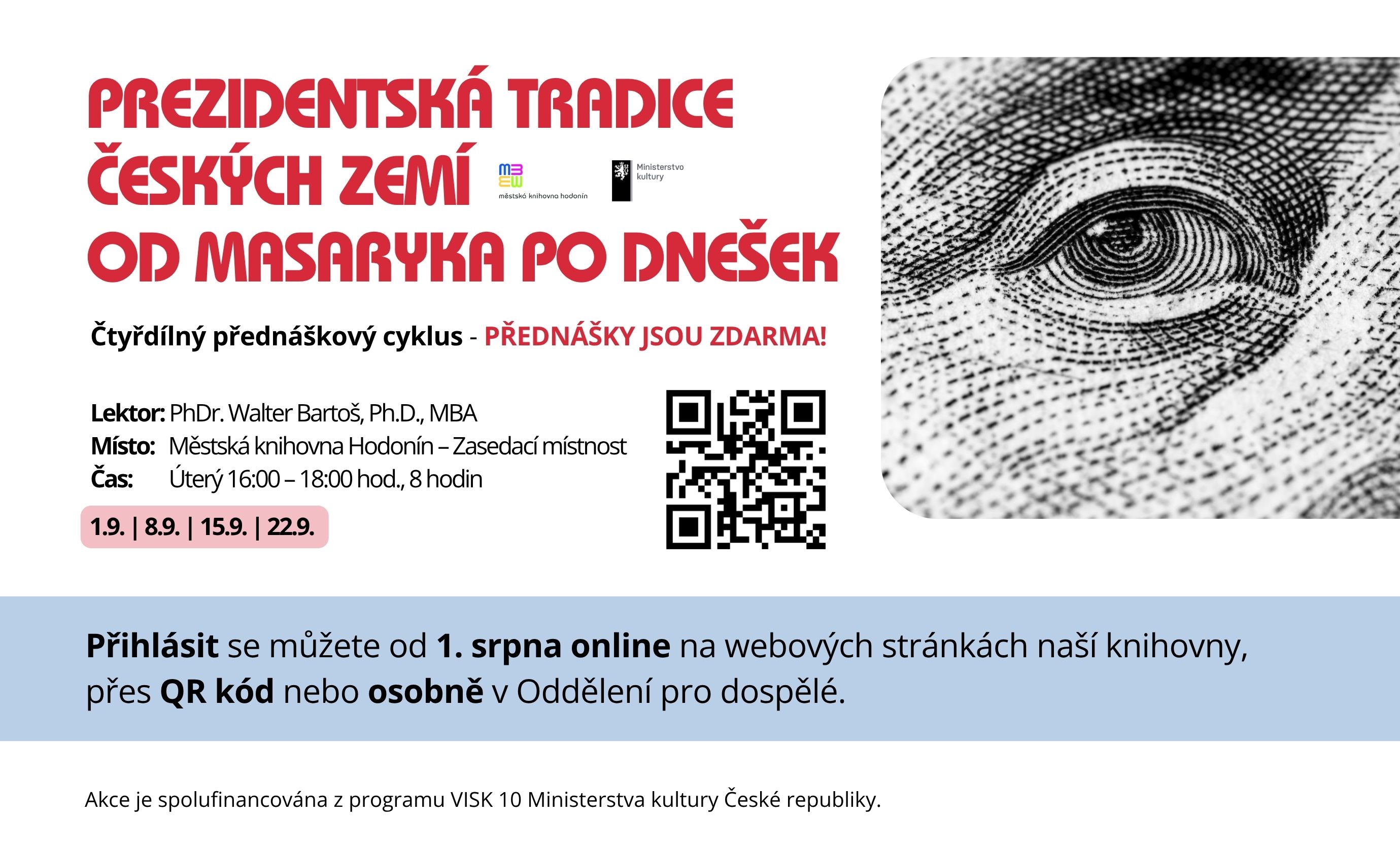 Čtyřdílný přednáškový cyklus představuje československé a české prezidenty jako klíčové aktéry politického, kulturního i morálního vývoje státu. Sleduje, jak se úřad hlavy státu proměňoval v demokratickém, autoritářském i totalitním prostředí, a ukazuje, jak jednotlivé osobnosti – od Masaryka po Pavla – formovaly podobu republiky i politickou kulturu české společnosti. Cyklus propojuje biografii, ústavní historii a dobové kontexty a pokládá otázku, co znamená prezidentská tradice v moderních českých dějinách.